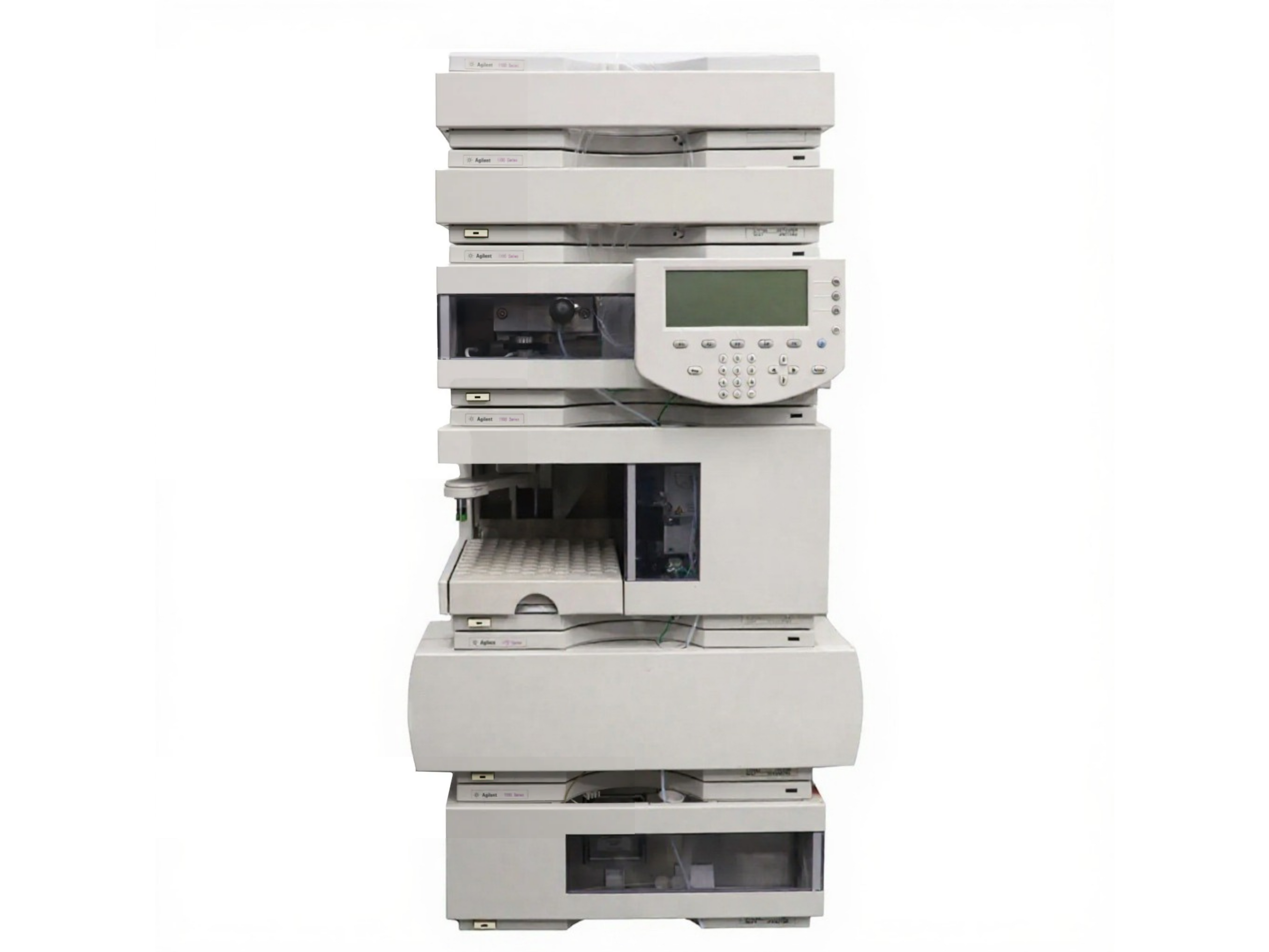 Agilent 1100 Series HPLC System with quaternary pump, autosampler, column oven, VWD, and RID detectors versatile modular HPLC solution for pharmaceutical, food, environmental, chemical, and clinical applications.
