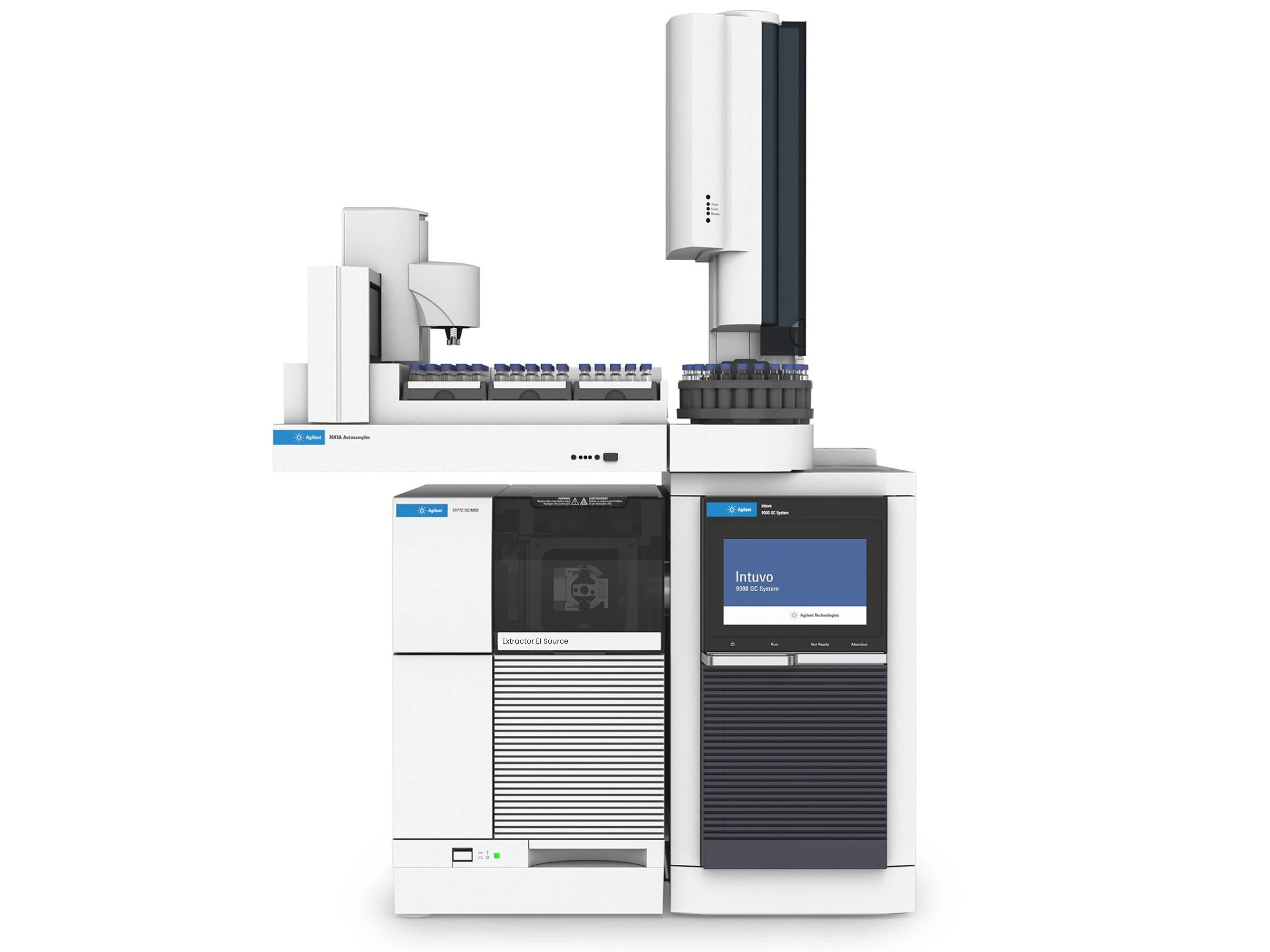Agilent 5977B GC/MSD System with Intuvo 9000 Gas Chromatograph and 7693A Automatic Liquid Sampler, high-efficiency gas chromatography-mass spectrometry solution for environmental testing, food safety analysis, pharmaceutical research, forensic toxicology, and industrial chemical applications.