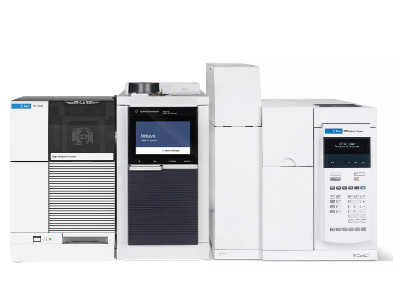 Agilent 5977C GC/MSD System with Intuvo 9000 Gas Chromatograph and 7697A Headspace Sampler featuring High Efficiency Source (HES), cutting-edge gas chromatography-mass spectrometry system for environmental monitoring, food safety testing, pharmaceutical research, forensic toxicology, and complex industrial chemical analysis.