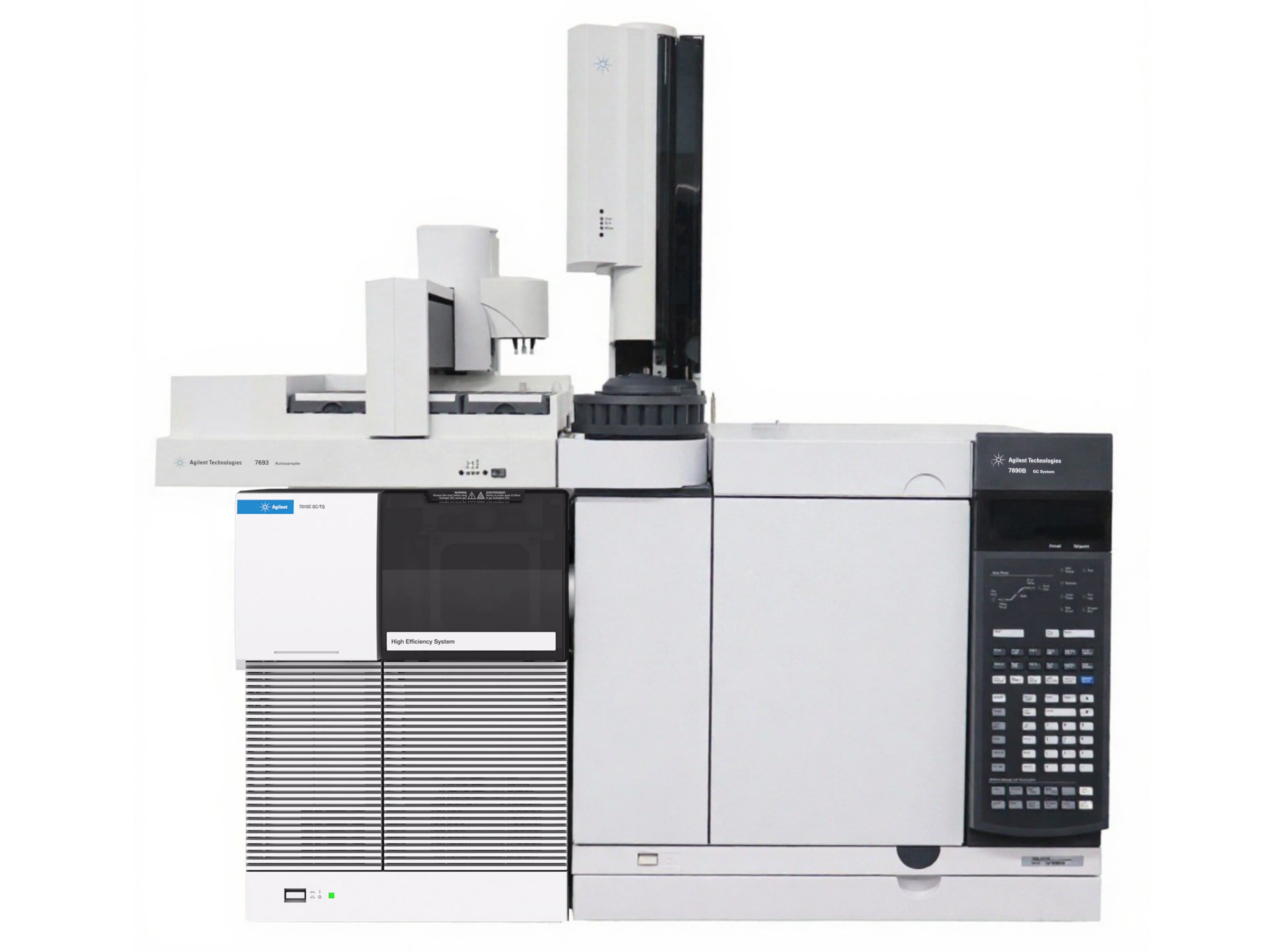Agilent 7890B GC with 7010C Triple Quadrupole GC-MS/MS and 7693A Autosampler – high-sensitivity gas chromatograph mass spectrometer for ultra-trace targeted quantitation in food safety, environmental, pharmaceutical, and forensic applications.
