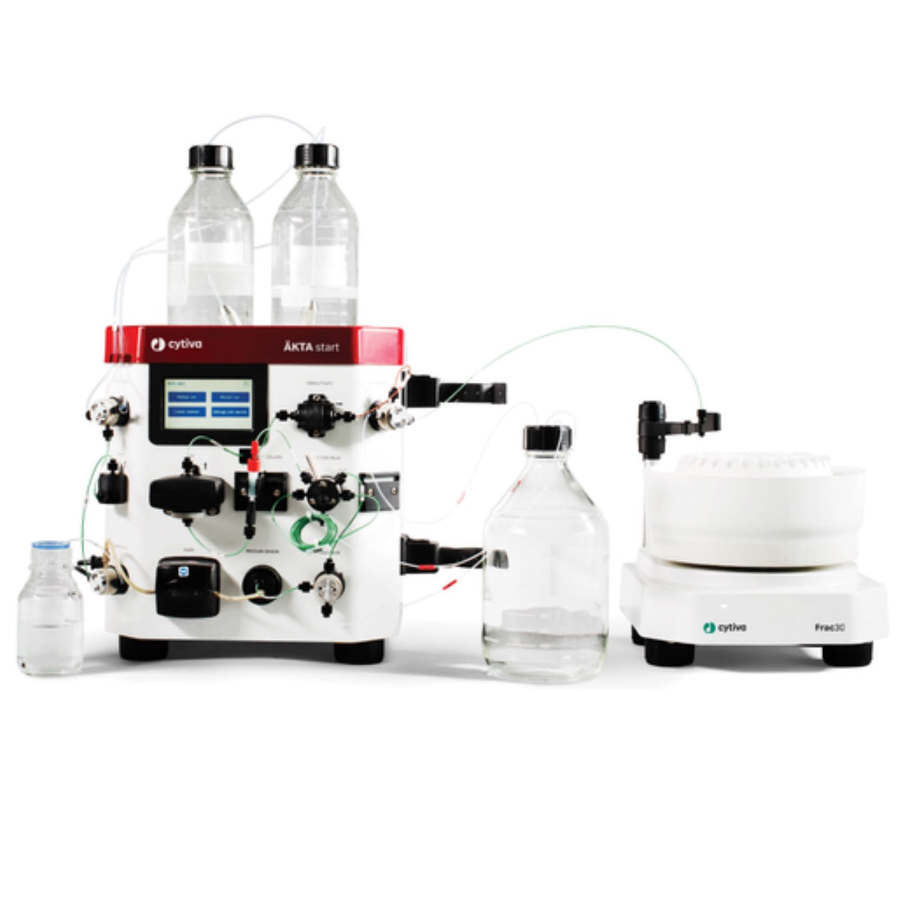 Cytiva ÄKTA start Protein Purification System with Frac30 Fraction Collector, user-friendly chromatography platform for protein purification, biomolecule isolation, pharmaceutical research, academic teaching, and industrial biotechnology applications.