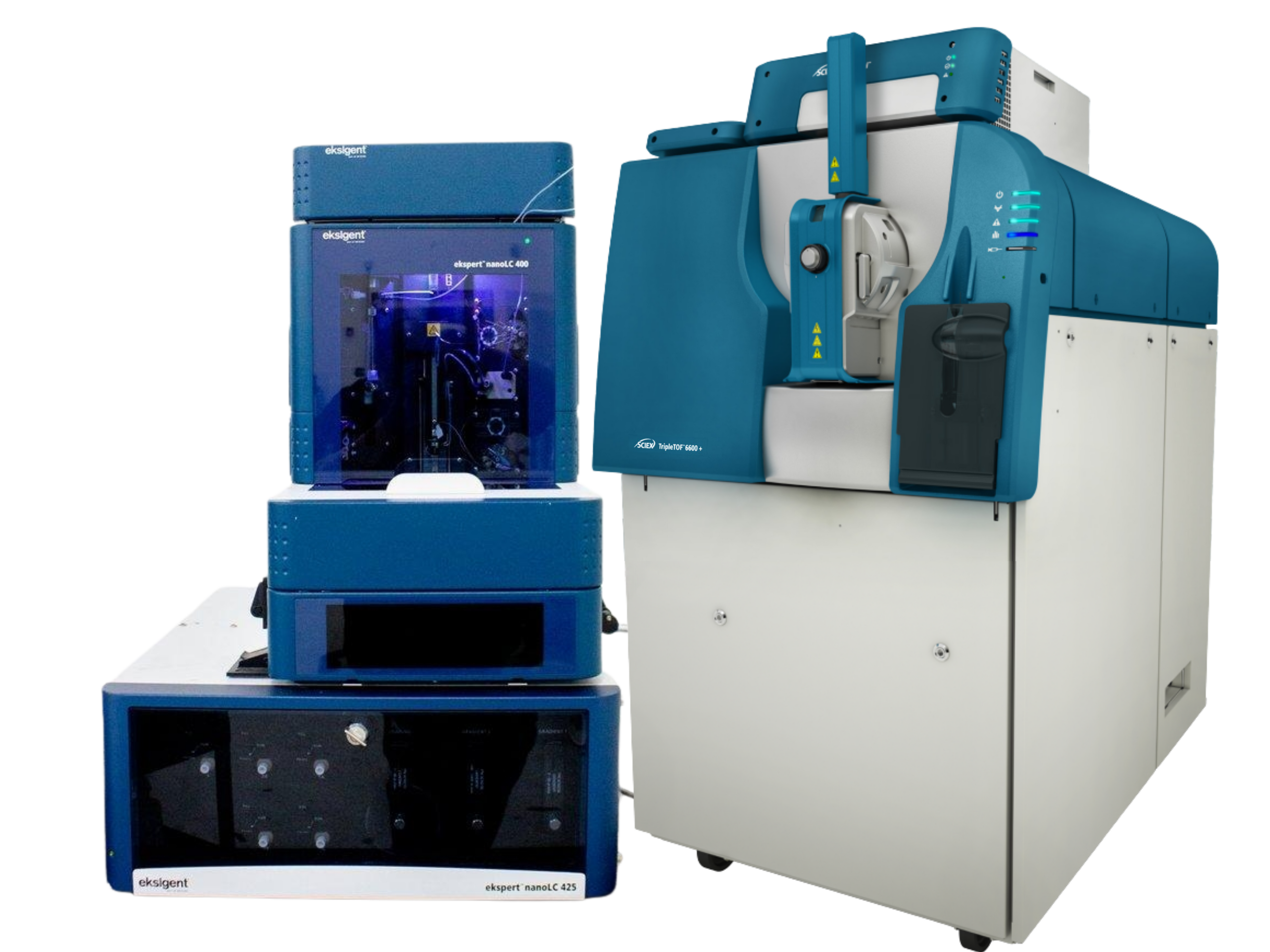 AB SCIEX TripleTOF 6600+ with Eksigent nanoLC 425 ultra-sensitive high-resolution QTOF LC/MS/MS system for proteomics, metabolomics, pharmaceutical research, and biomarker discovery.