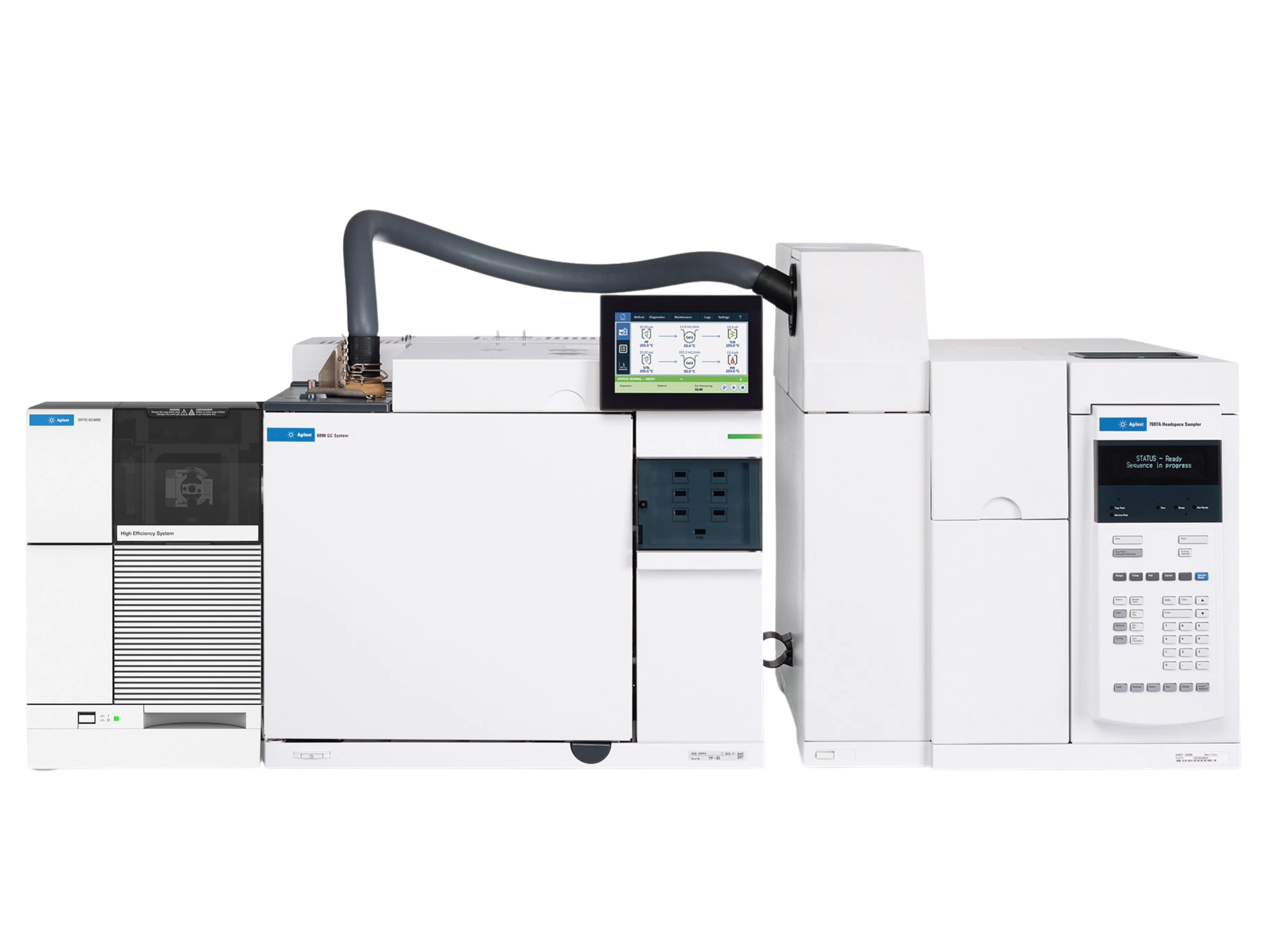 Agilent 5977C GC/MSD System with 8890 Gas Chromatograph and 7697A Headspace Sampler featuring High Efficiency Source (HES), advanced gas chromatography-mass spectrometry system for environmental analysis, food safety testing, pharmaceutical research, forensic toxicology, and complex industrial chemical applications.
