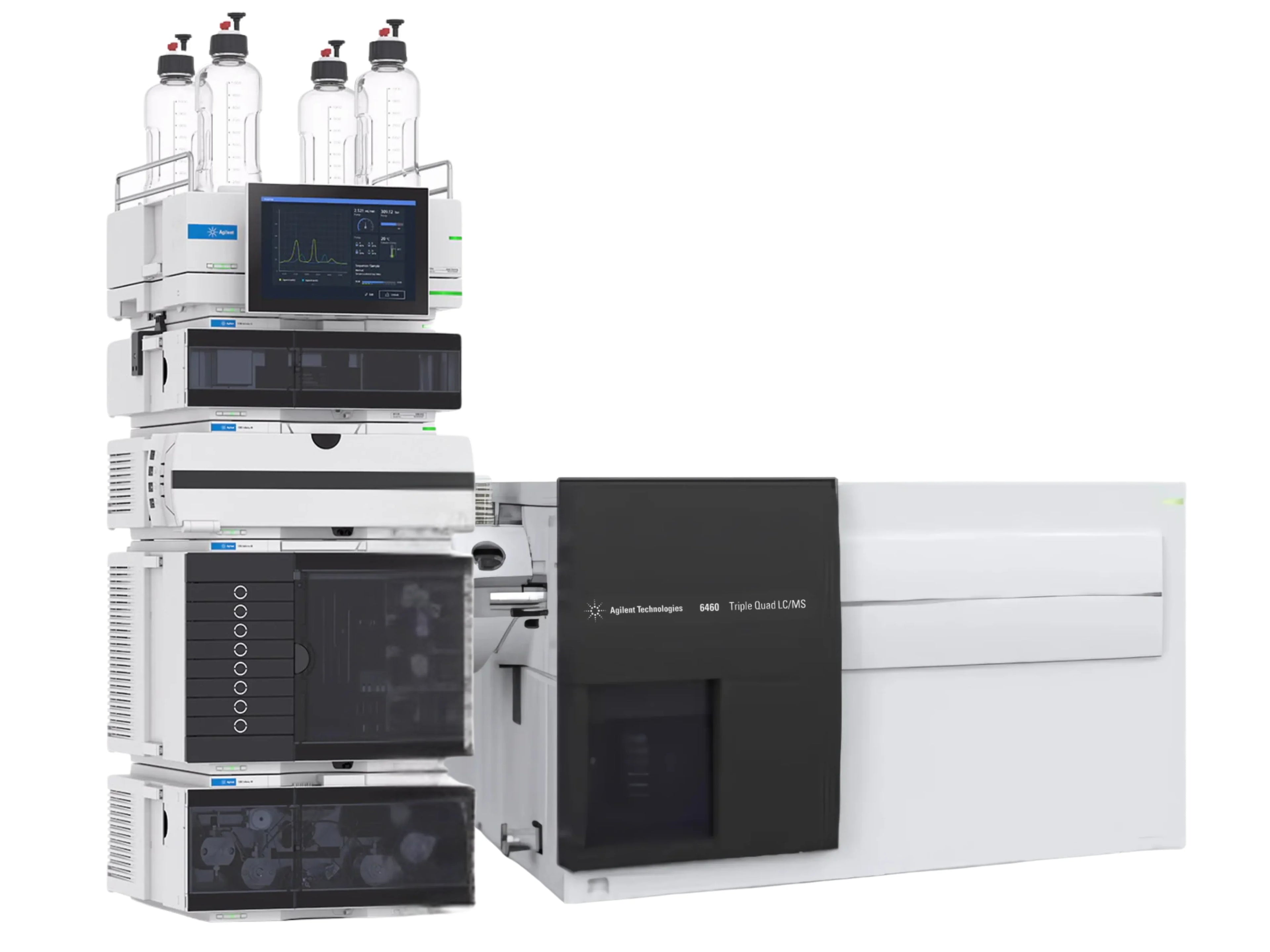 Agilent 6460 Triple Quadrupole LC/MS System with Agilent 1260 Infinity HPLC Mass Spectrometer, high-sensitivity liquid chromatography-mass spectrometry platform for pharmaceutical research, food safety analysis, environmental testing, forensic toxicology, and industrial chemical applications.
