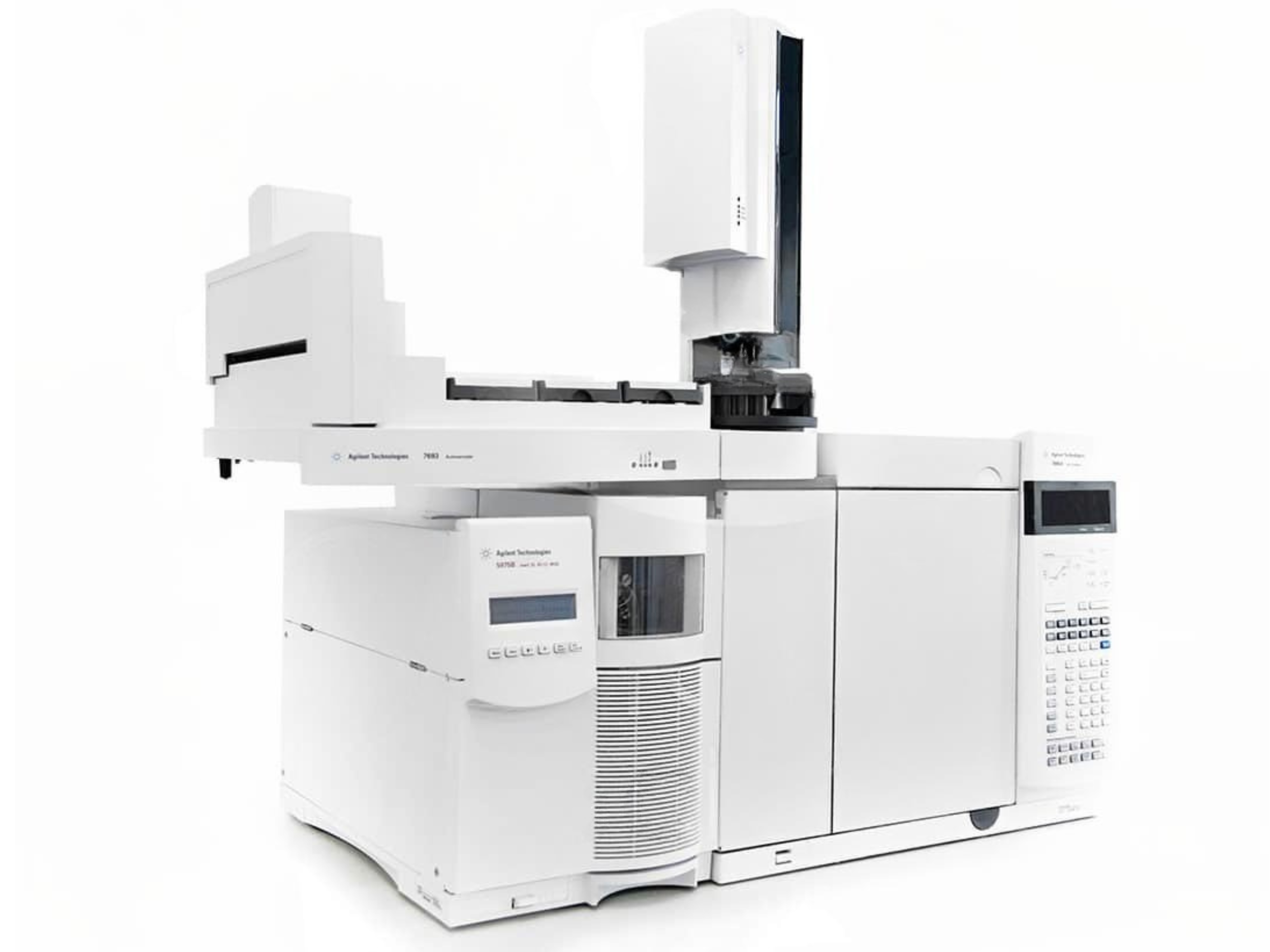 Agilent 6890N Gas Chromatograph with 5975 Inert Performance Turbo MSD (G3172A) and 7683B Automatic Liquid Sampler, advanced GC-MS system for environmental monitoring, food safety testing, pharmaceutical research, forensic toxicology, and industrial chemical applications.
