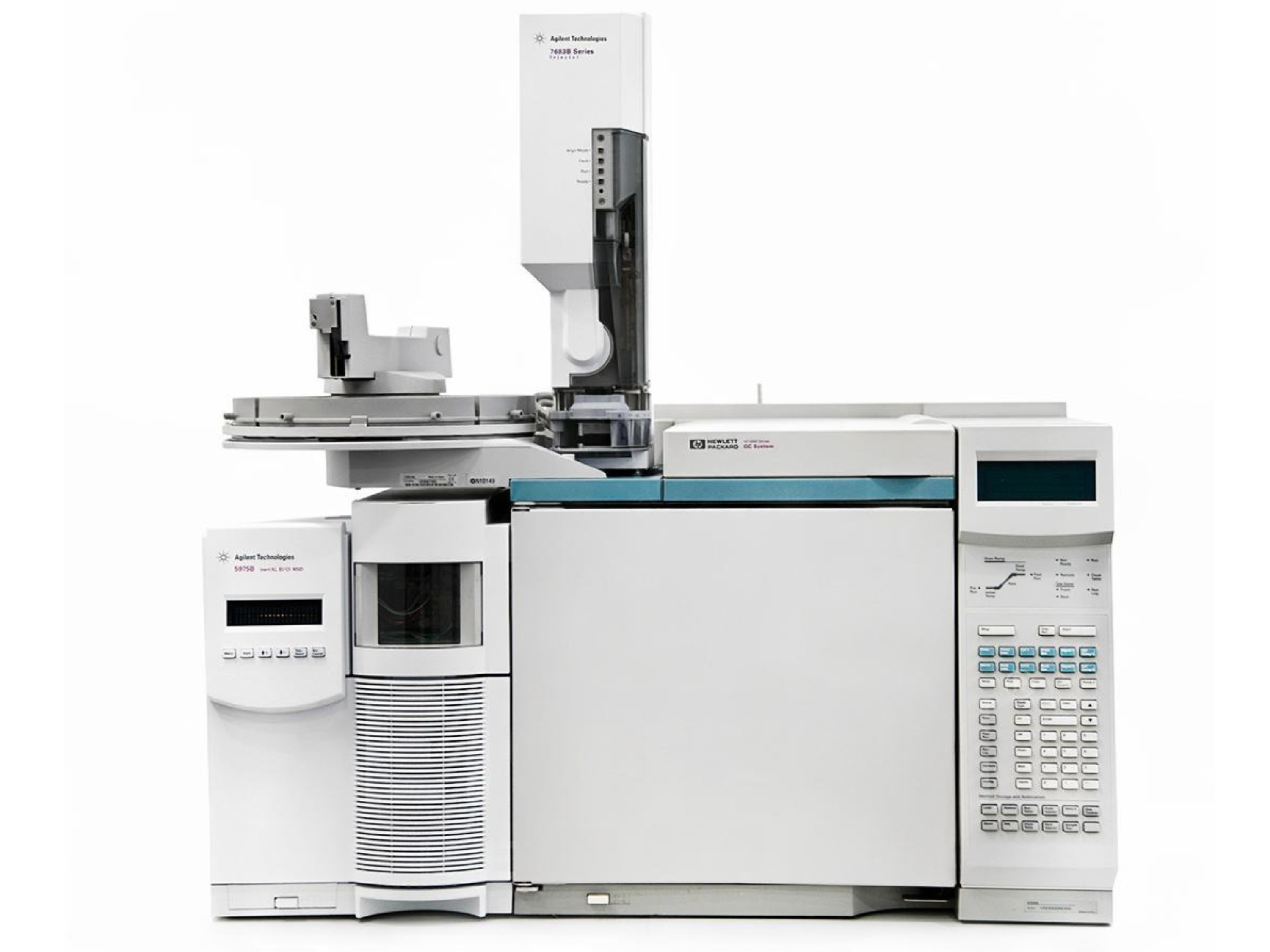 Agilent 6890N Gas Chromatograph with 5975B Inert GC/MS System and 7683B Autosampler, high-performance gas chromatography-mass spectrometry platform for environmental testing, food safety analysis, pharmaceutical research, forensic toxicology, and industrial chemical applications.
