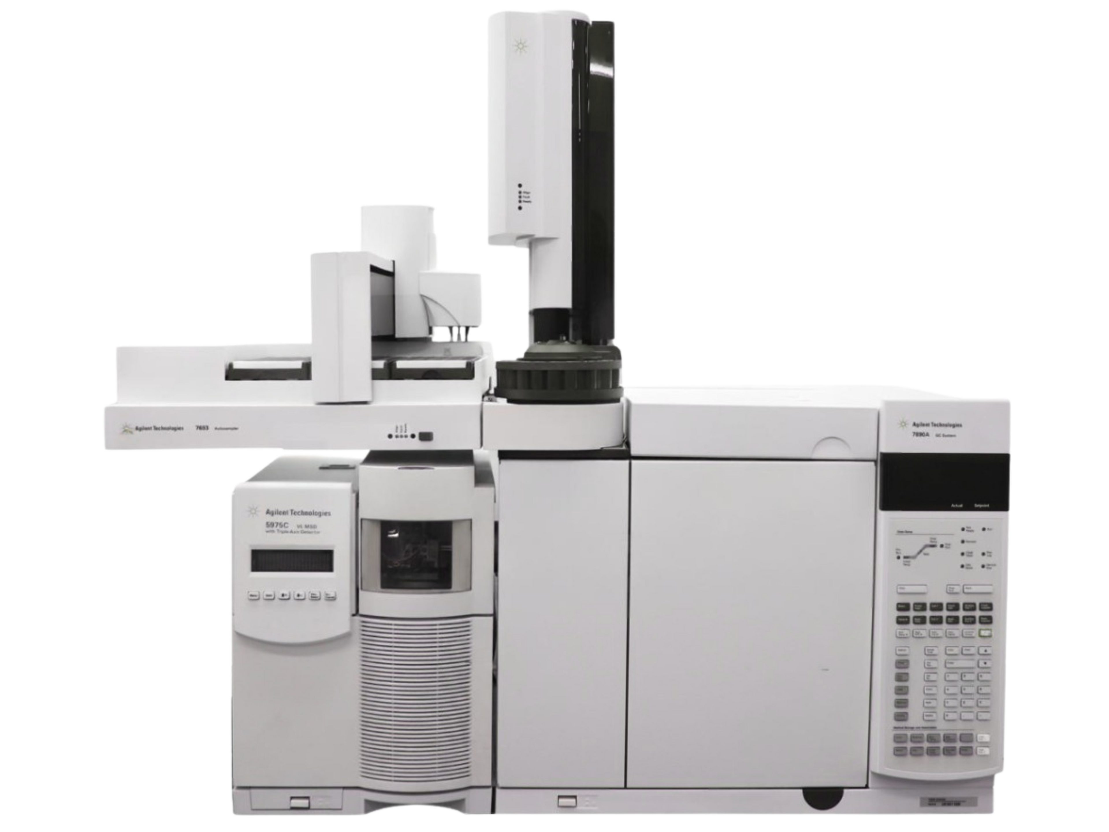 Agilent 7890A Gas Chromatograph with 5975C VL TAD GC-MS System and 7693 Autosampler, high-sensitivity gas chromatography-mass spectrometry platform for environmental analysis, food safety testing, pharmaceutical research, forensic toxicology, and industrial chemical applications.
