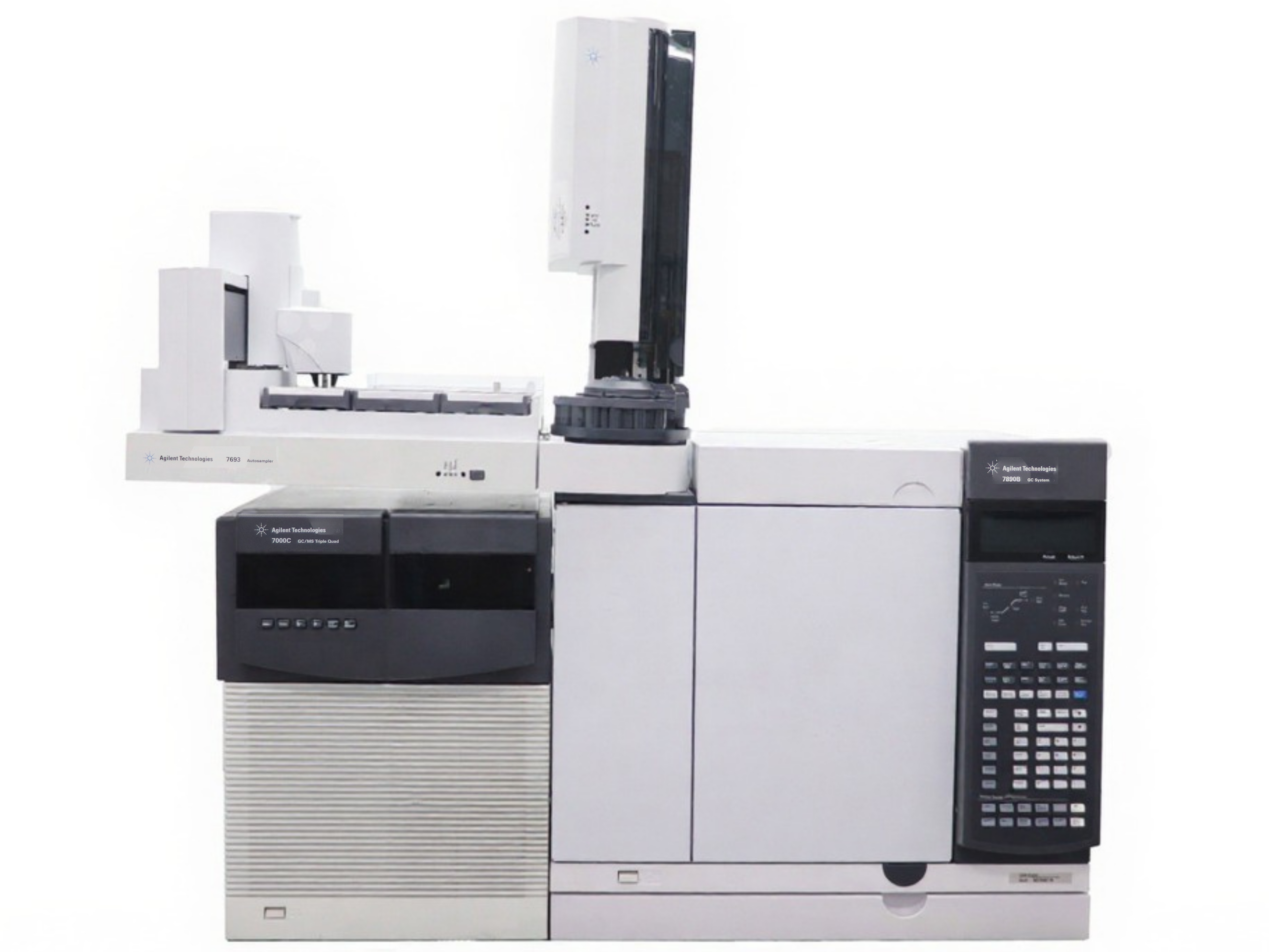 Agilent 7890B Gas Chromatograph with 7000C Triple Quadrupole GC-MS/MS and 7693A Autosampler, high-sensitivity triple quadrupole GC-MS/MS system for environmental testing, food safety analysis, pharmaceutical research, forensic toxicology, and industrial chemical applications.
