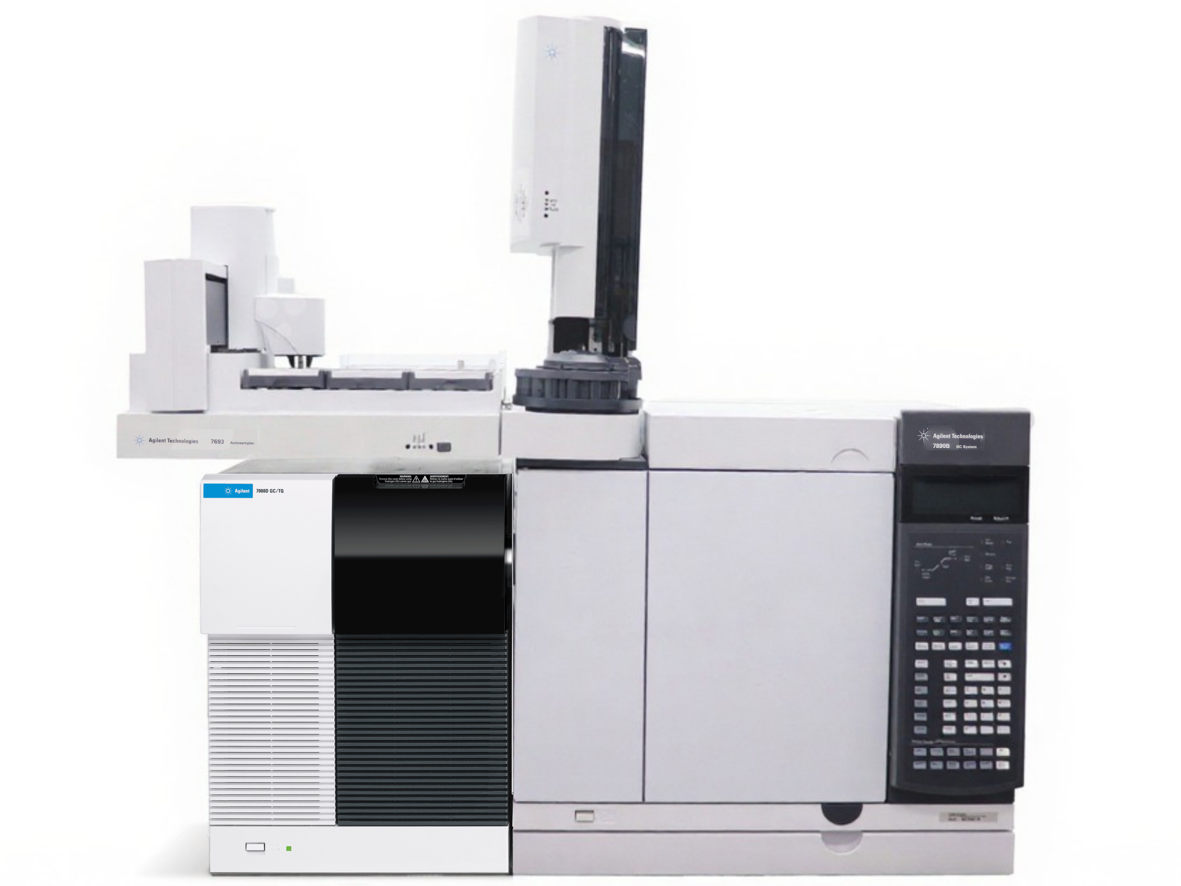 Agilent 7890B Gas Chromatograph with 7000D Triple Quadrupole GC/MS/MS and 7693A Autosampler, high-performance triple quadrupole GC-MS/MS system for environmental testing, food safety analysis, pharmaceutical research, forensic toxicology, and industrial chemical applications.

