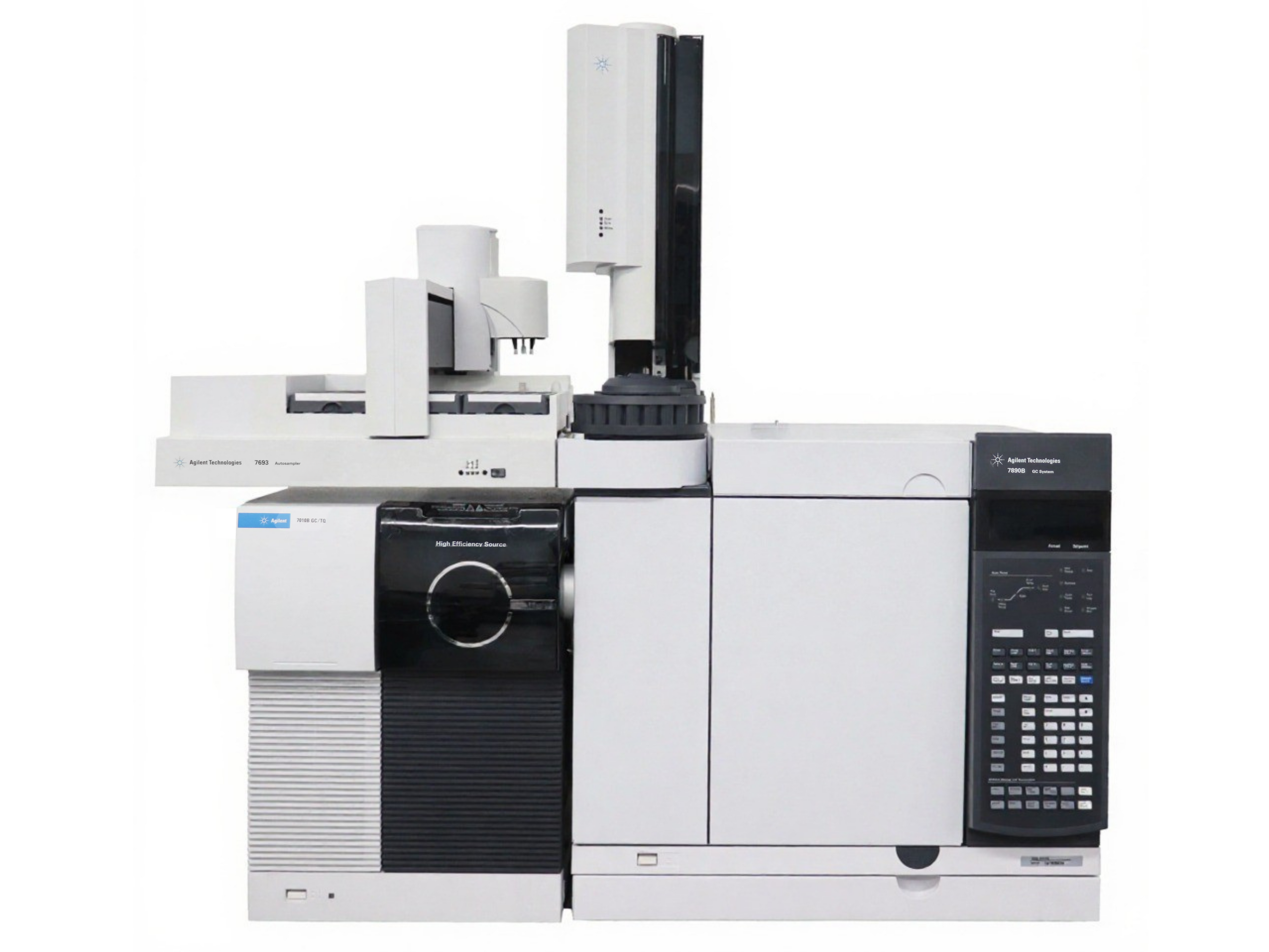 Agilent 7890B GC with 7010B Triple Quadrupole GC-MS/MS and 7693A Autosampler – high-performance targeted gas chromatograph mass spectrometer for quantitative analysis in food safety, environmental, forensic, and pharmaceutical laboratories.