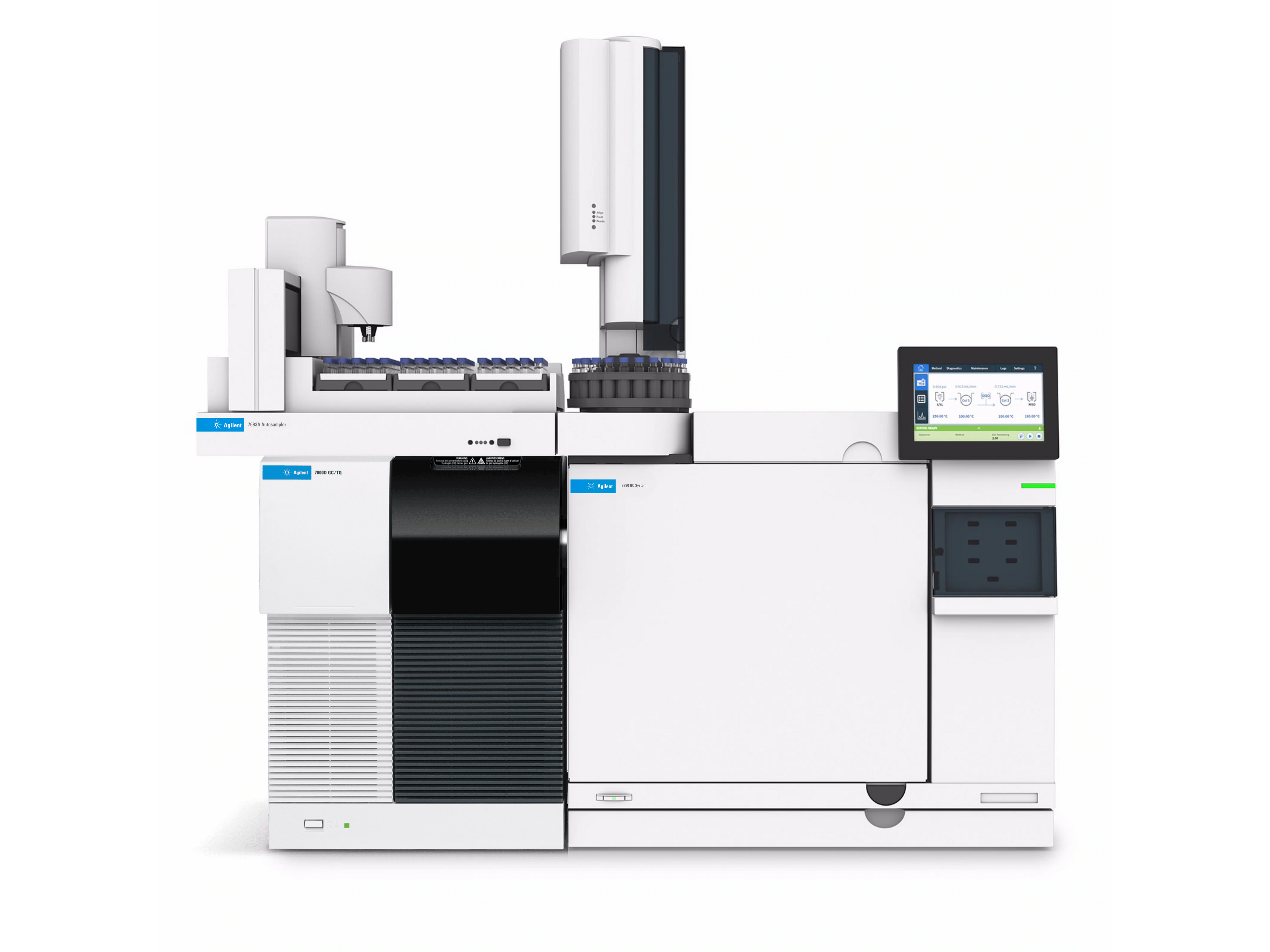 Agilent 8890 Gas Chromatograph with 7000D Triple Quadrupole GC/MS/MS and 7693A Autosampler, advanced triple quadrupole GC-MS/MS platform for environmental monitoring, food safety analysis, pharmaceutical research, forensic toxicology, and industrial chemical applications.
