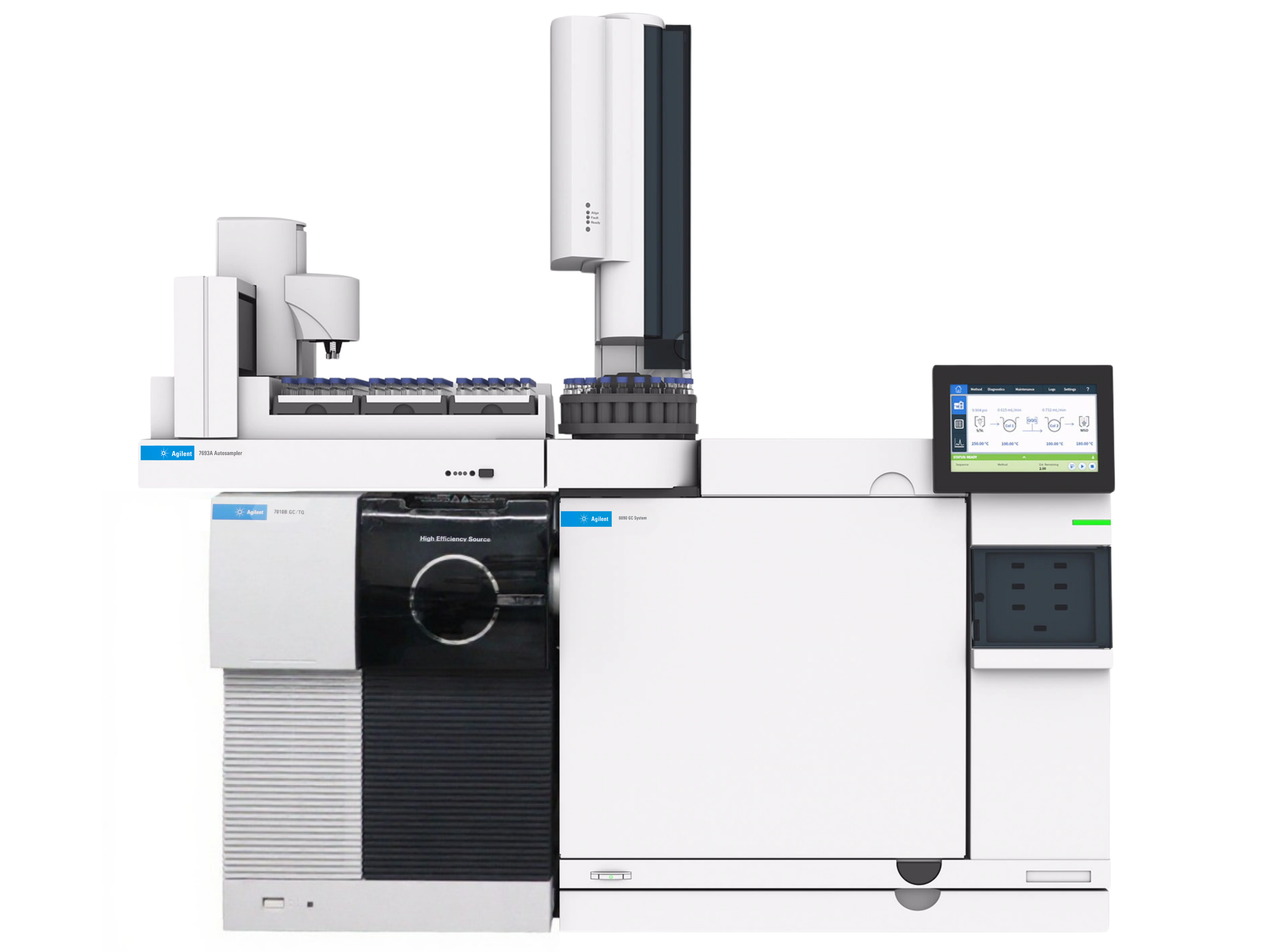 Agilent 8890 GC with 7010B Triple Quadrupole GC-MS/MS and 7693A Autosampler – high-performance, ultra-sensitive gas chromatograph mass spectrometer for quantitative analysis in environmental, food safety, pharmaceutical, and forensic laboratories.