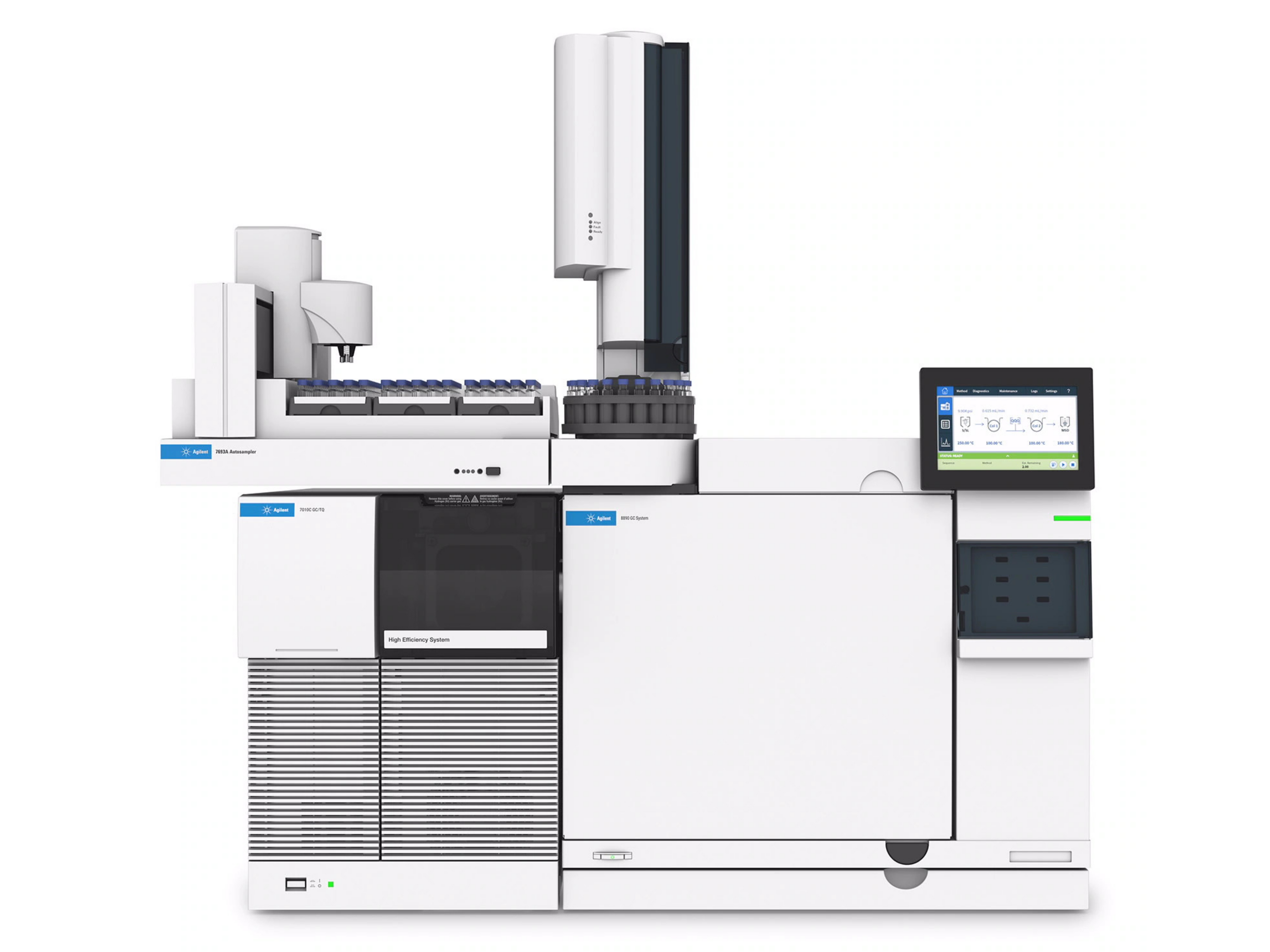 Agilent 8890 GC with 7010C Triple Quadrupole GC-MS/MS and 7693A Autosampler – most sensitive gas chromatograph mass spectrometer for ultra-trace targeted quantitation in food safety, environmental, pharmaceutical, and forensic testing.