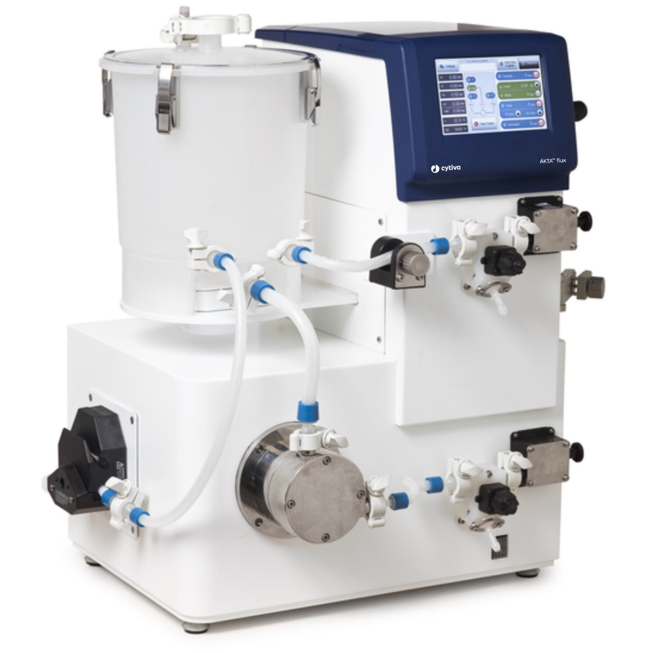 Cytiva ÄKTA Flux 6 System, high-throughput filtration and buffer exchange platform for protein purification, biopharmaceutical research, vaccine production, and industrial biotechnology applications.
