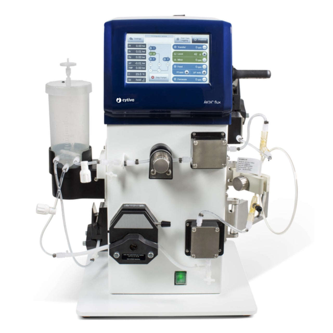 Cytiva ÄKTA Flux S System, versatile filtration and buffer exchange platform for protein purification, cell culture processing, vaccine development, and biopharmaceutical manufacturing applications.
