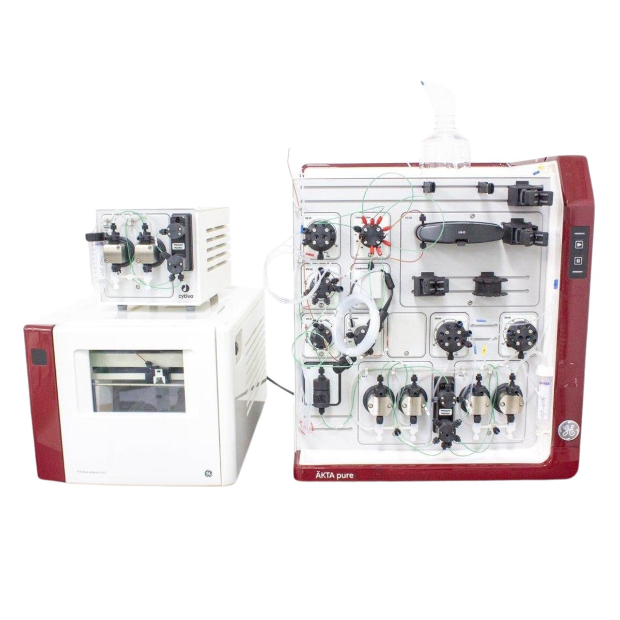 Cytiva ÄKTA Pure 150 K FPLC System with Fraction Collector and UV Detector, high-capacity fast protein liquid chromatography platform for large-scale protein purification, biopharmaceutical research, process development, and industrial biotechnology applications.
