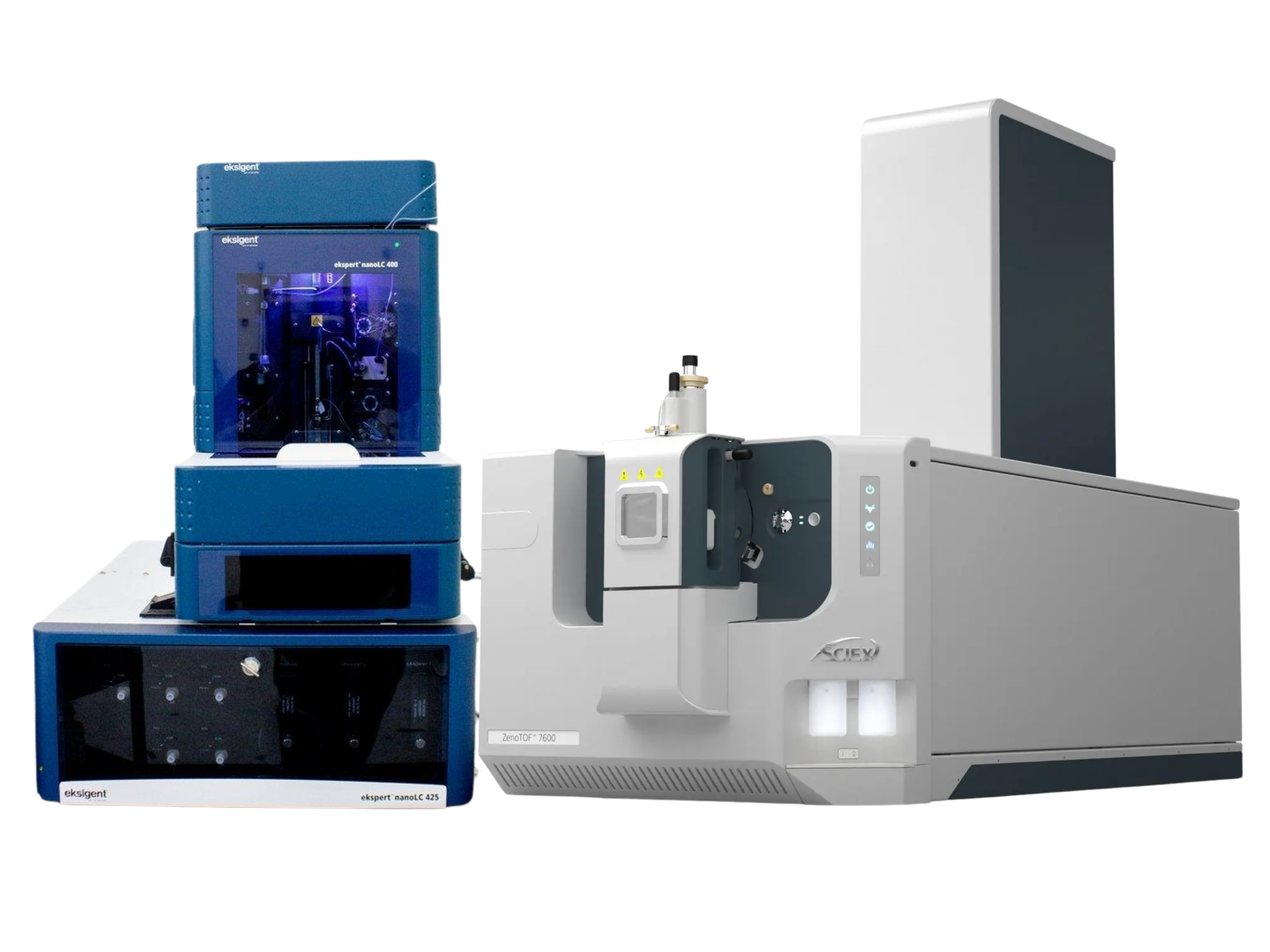 SCIEX ZenoTOF 7600 LC-MS/MS with Eksigent nanoLC 425 – ultra-high sensitivity high-resolution QTOF system with Zeno trap technology for proteomics, metabolomics, pharmaceutical research, and biomarker discovery.