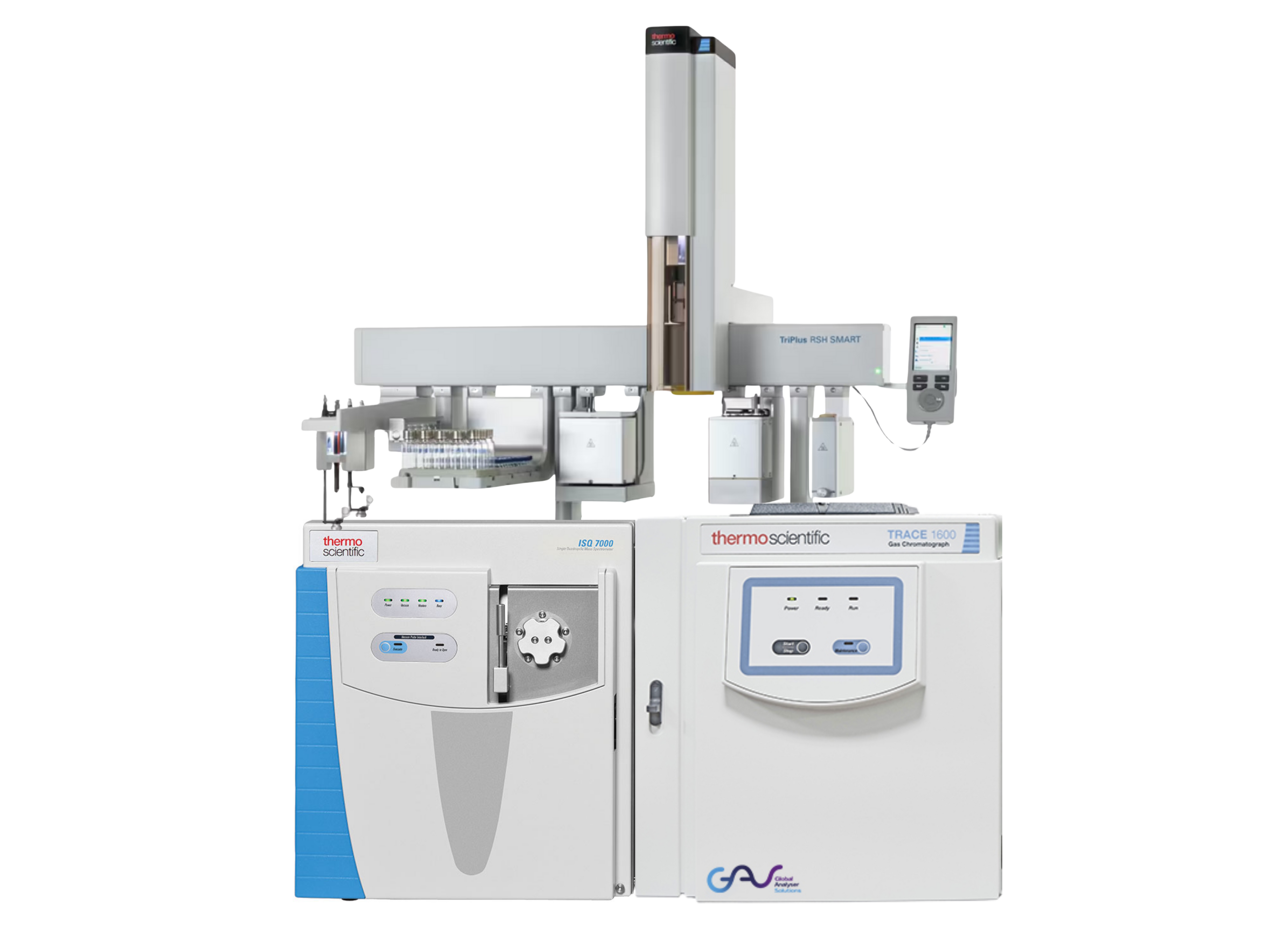Thermo Scientific TRACE 1600 Gas Chromatograph with ISQ 7000 GC-MS and TriPlus RSH Autosampler, high-performance gas chromatography-mass spectrometry system for environmental monitoring, food safety testing, pharmaceutical research, forensic toxicology, and industrial chemical applications.
