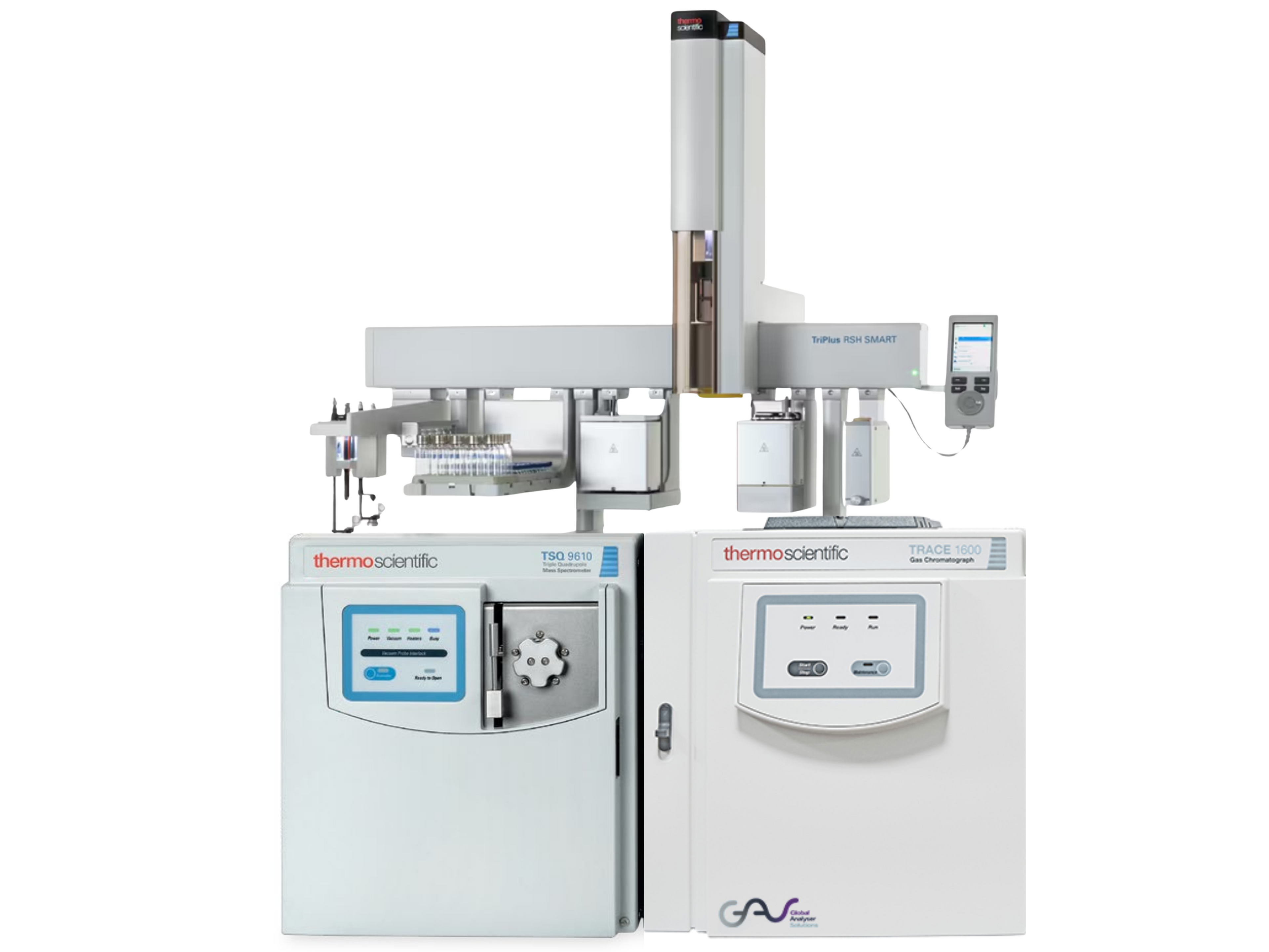 Thermo Scientific TRACE 1600 Gas Chromatograph with TSQ™ 9610 Triple Quadrupole GC-MS and TriPlus RSH Autosampler, high-performance triple quadrupole GC-MS system for environmental testing, food safety analysis, pharmaceutical research, forensic toxicology, and industrial chemical applications.
